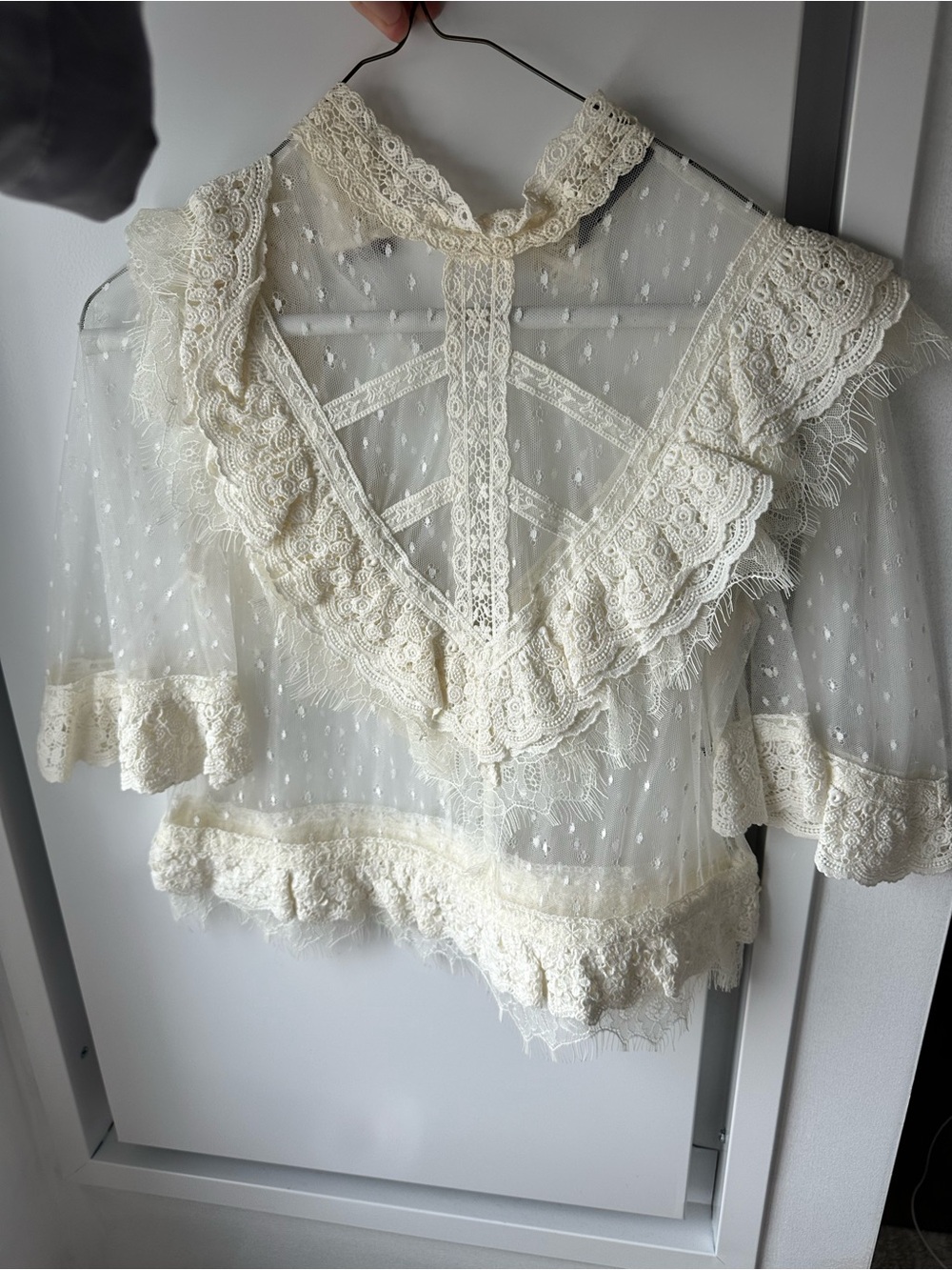 The Kooples Cream Lace Sheer Ruffled Blouse